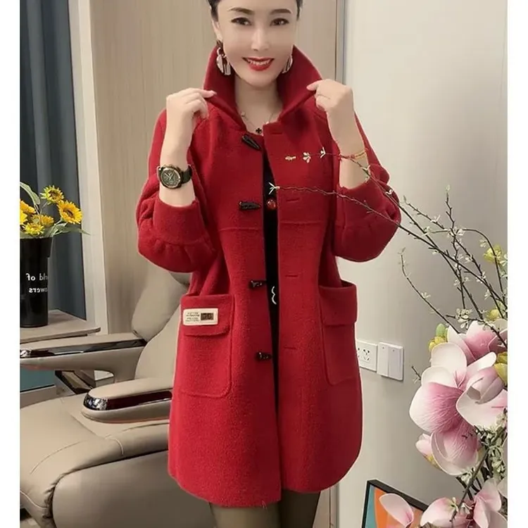 中年妈妈装双面呢大衣秋冬季新款宽松大码中长款毛呢外套针织开衫