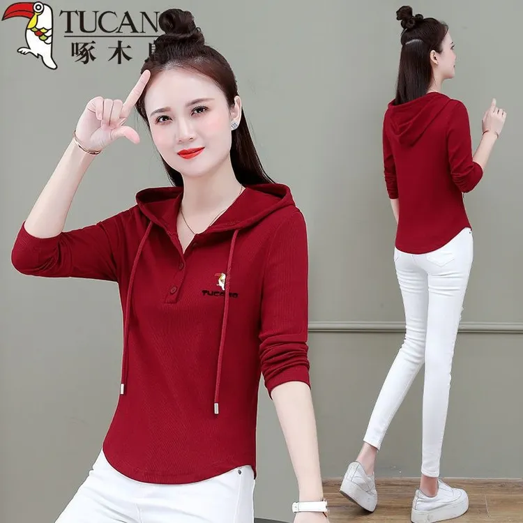 啄木鸟连帽卫衣长袖T恤外套女2025春秋新款休闲上衣修身洋气上衣