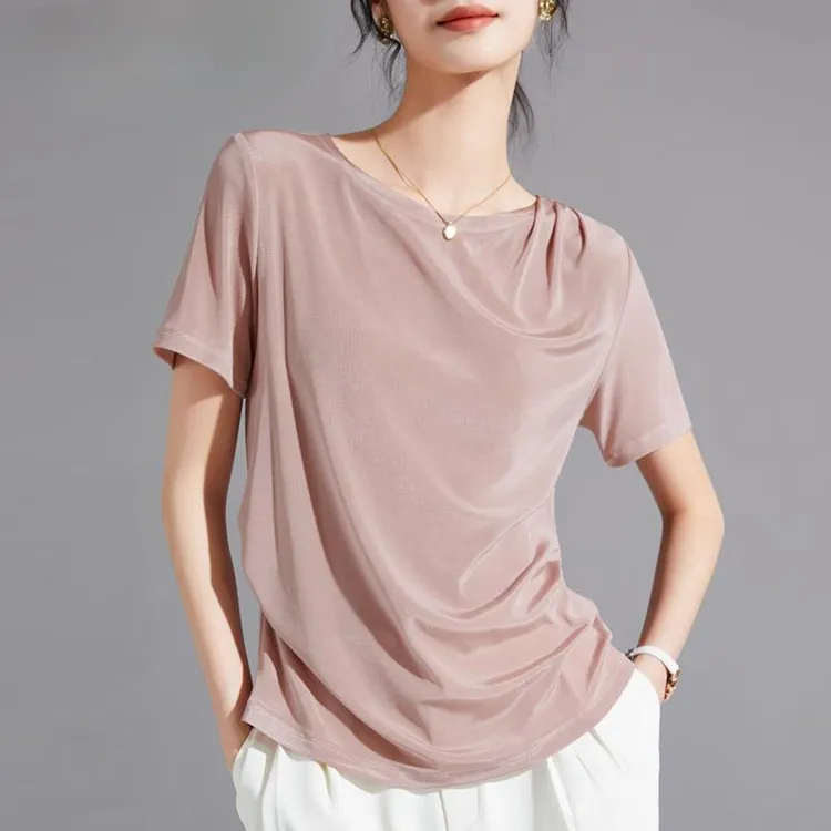 醋酸短袖一字领T恤女2024夏季新款缎面垂感设计感高级薄款上衣女