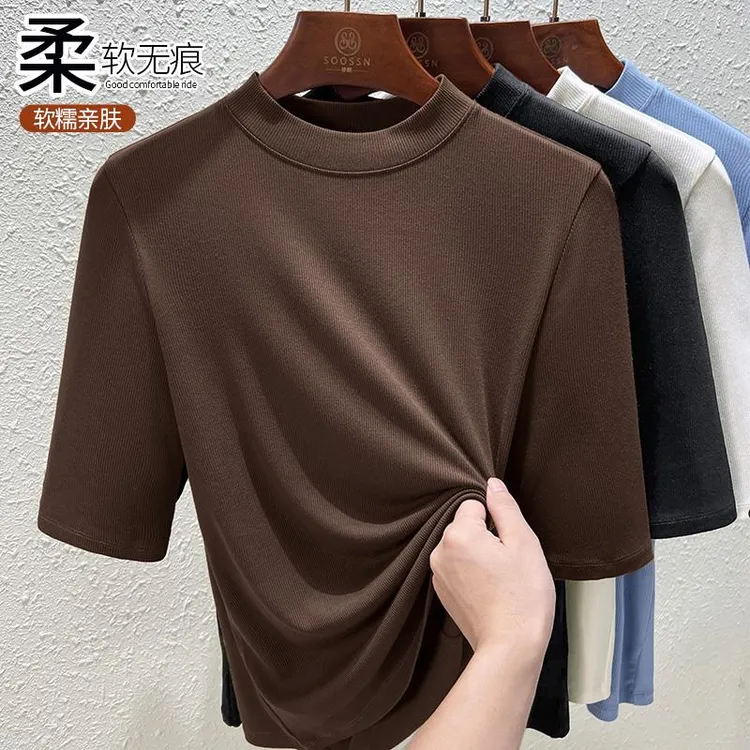 半高领中袖打底衫女春秋2025新款时尚小立领上衣咖色欧货t恤女