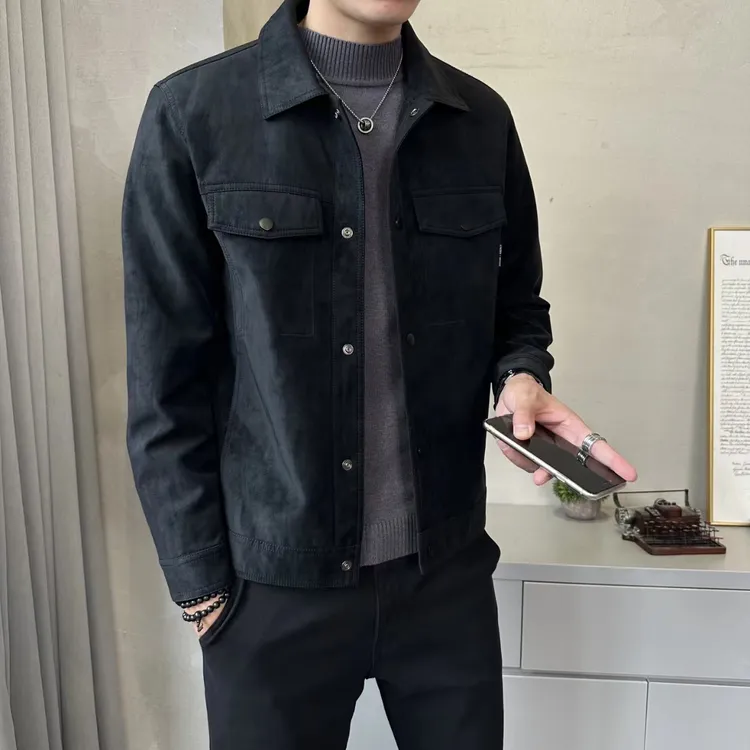 秋冬季男士新款麂皮绒时尚翻领百搭潮流修身韩版加绒夹克外套