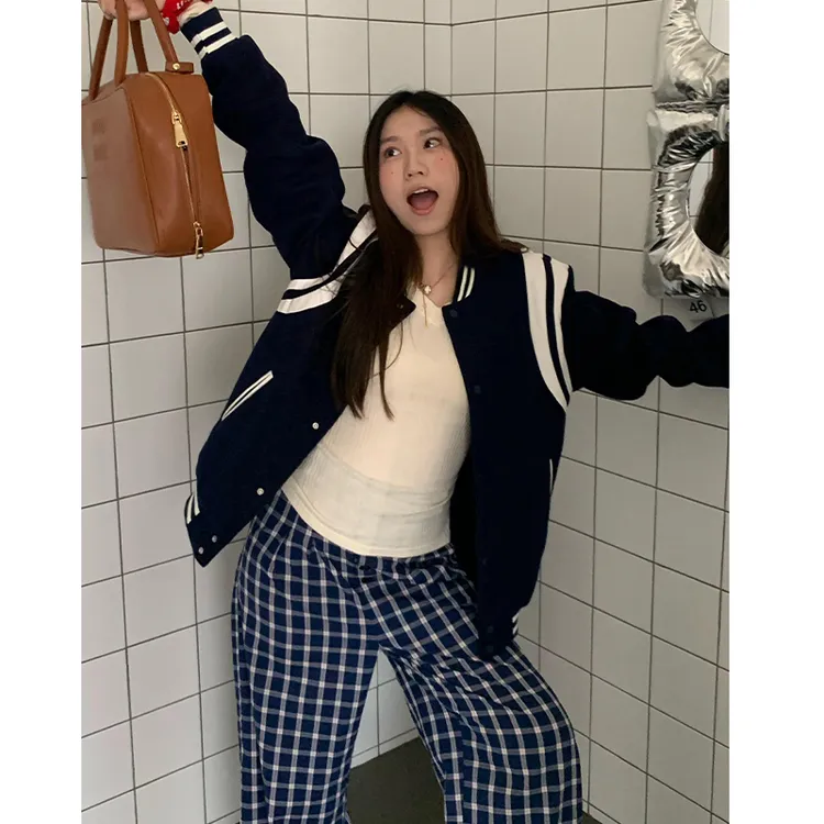 橘子树在哪儿美式学院风拼接棒球服外套女春秋宽松情侣款夹克上衣