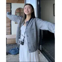 橘子树在哪儿学院风音符针织开衫女春季宽松显瘦百搭短款毛衣外套