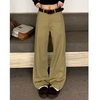 橘子树在哪儿复古高腰卡其色牛仔裤女秋季设计感直筒宽松显瘦裤子