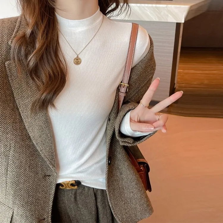 螺纹立领内搭长袖打底衫女修身显瘦高级感t恤可外穿春秋冬季上衣