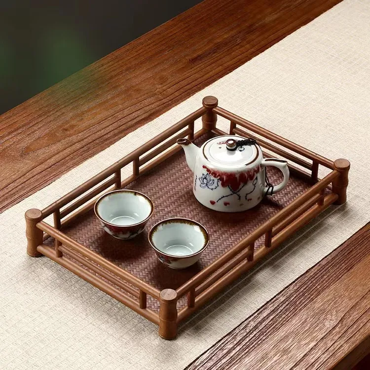 中式竹制长方形茶盘茶杯架 复古禅意茶具收纳盘 家用竹编席面托盘