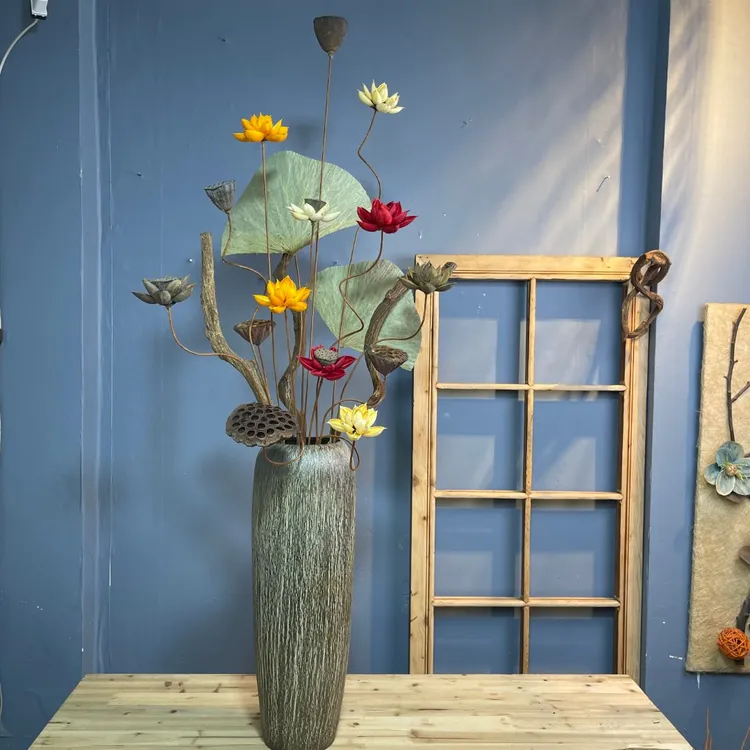 【灼华】客厅玄关陶瓷花瓶荷花落地摆件客厅摆件高档自然风干干花