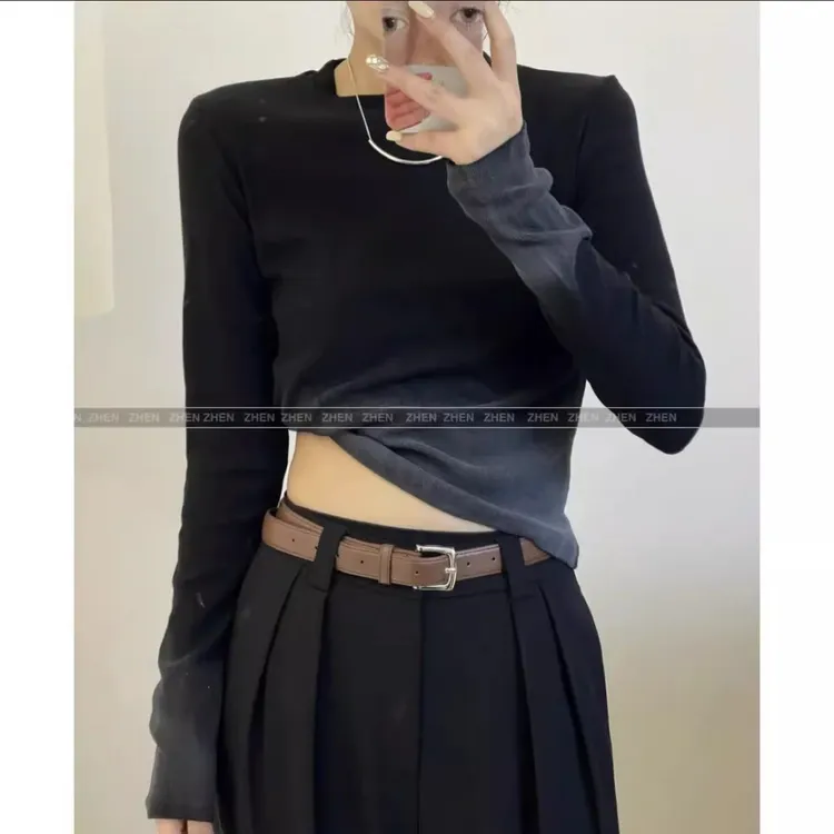 2024春秋季新款渐变色圆领长袖T恤女设计感小众洋气内搭打底衫潮