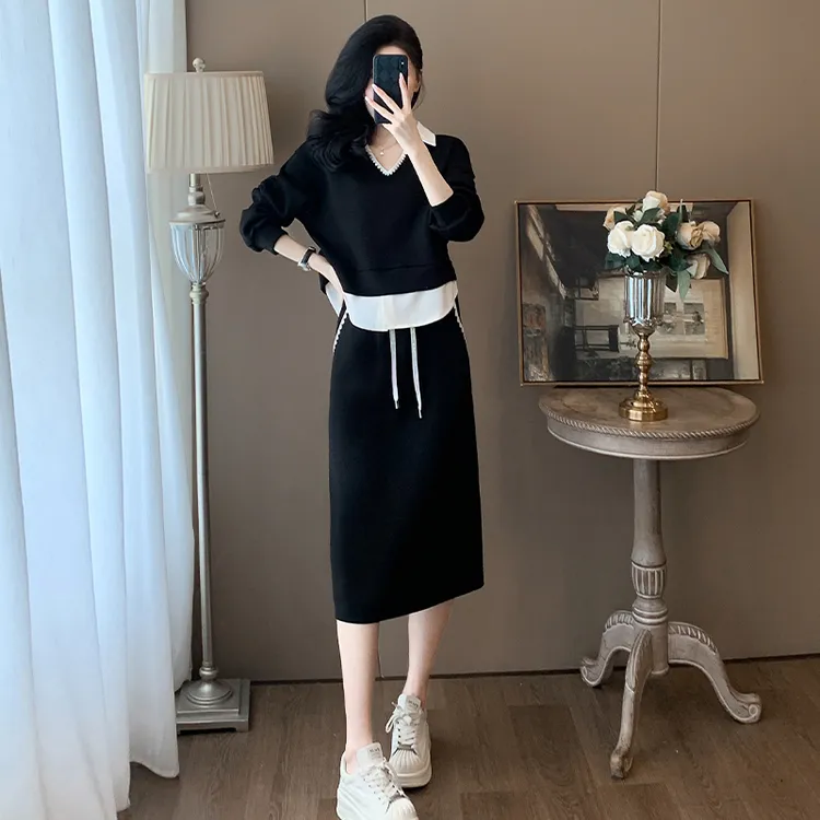 秋季时尚套装黑色显瘦气质减龄套装裙休闲小个子高腰中长款两件套