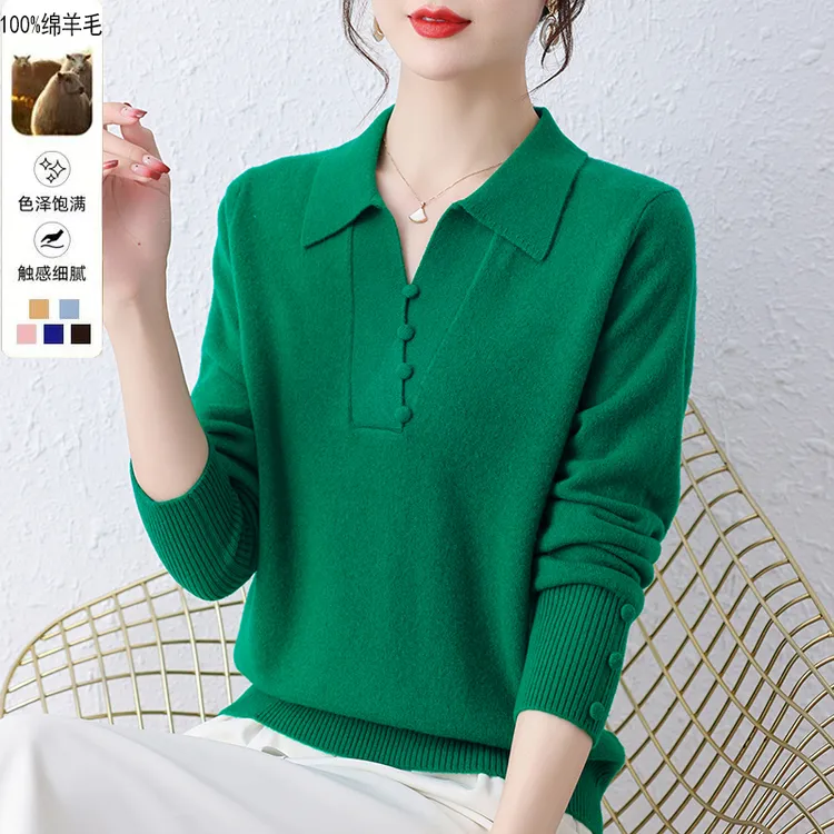 高端毛衣女秋冬新款时尚妈妈装100%羊毛衫翻领长袖上衣T恤小衫