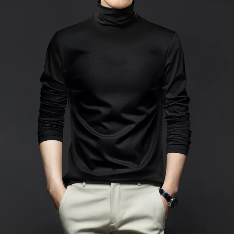 液氨丝光棉高领长袖t恤男秋冬新款堆堆领纯色打底衫内搭纯棉上衣