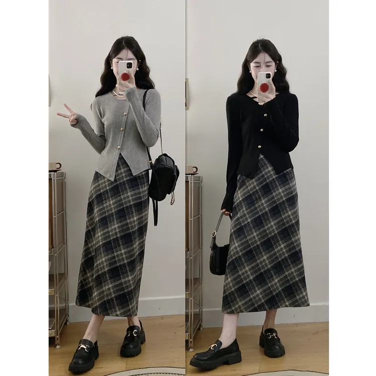 大码女装胖mm搭配一整套设计感针织衫上衣+显瘦格纹半身裙套装