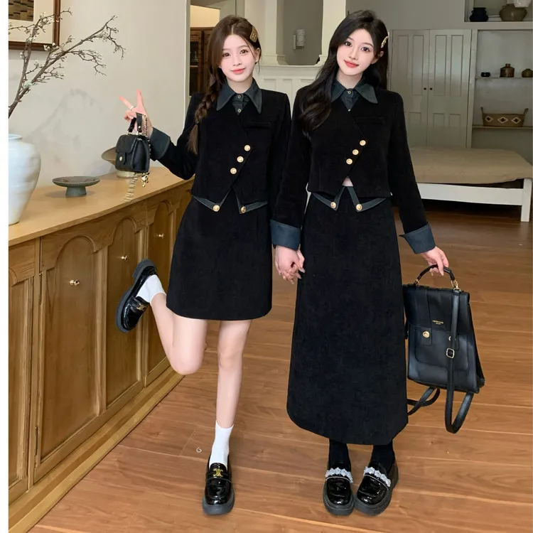 大码女装秋季法式赫本风气质显瘦时尚小香风长袖外套+半身裙套装