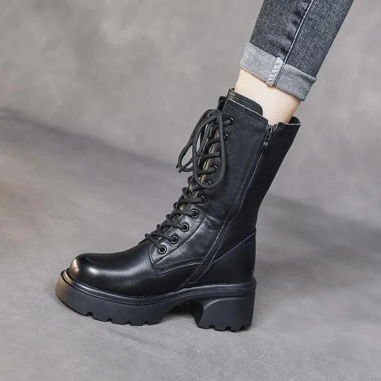 头层牛皮中筒靴女2024新款秋季加绒小个子女靴冬天真皮女款马丁靴