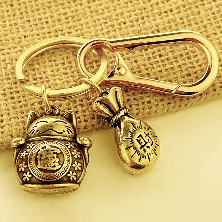 纯黄铜招财猫钥匙扣生肖牌吊坠男女挂件汽车钥匙扣质感精致手工绳