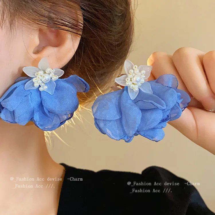 合金仿珍珠耳饰 花朵网纱耳钉森系气质氛围感文艺小众田园风耳饰