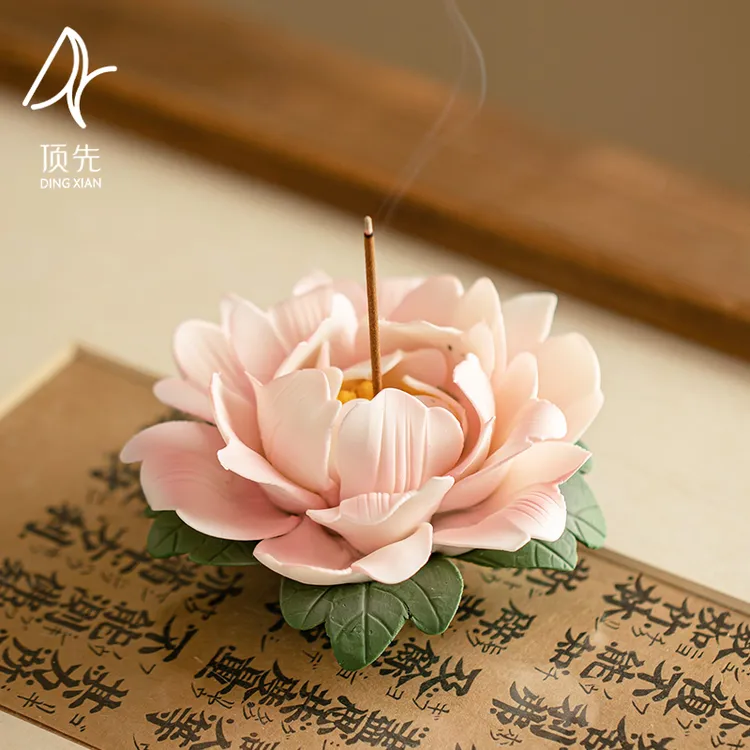 顶先 纯手工陶瓷国色牡丹捏花线香插茶道摆件 A8890