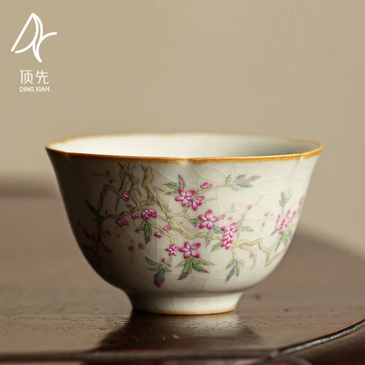 顶先  当代米黄汝窑紫藤粉花客杯茶杯品茗杯开片茶具 A8031
