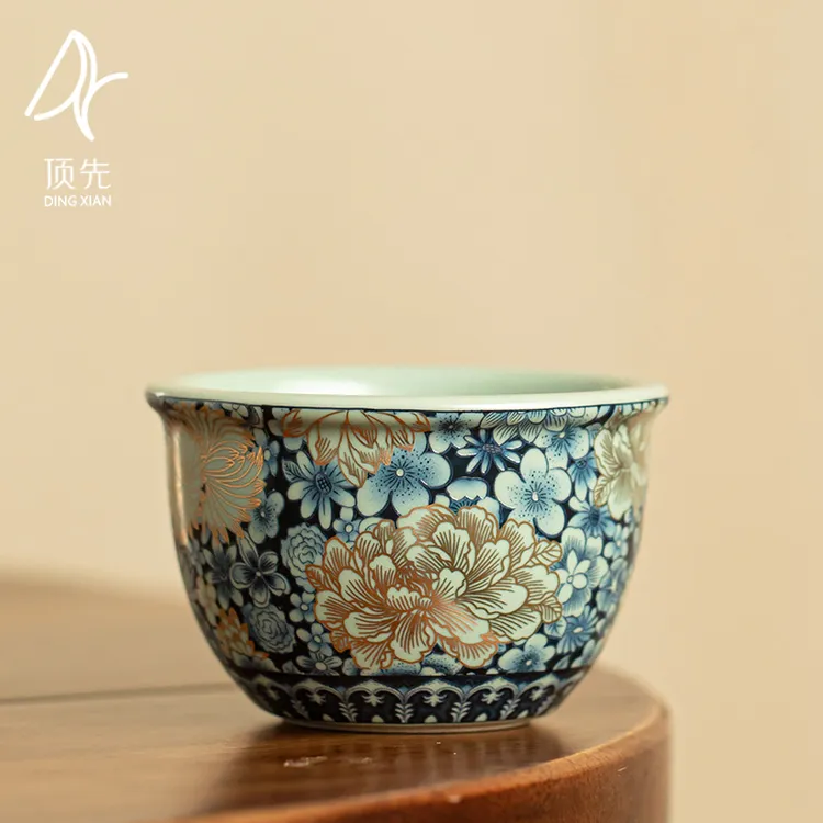 顶先 掐金牡丹主人杯汝窑繁花缸杯中式茶杯功夫茶具品茗杯 A9641