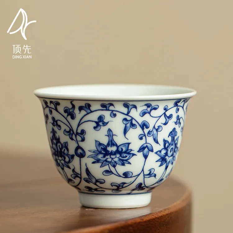 顶先 青花缠枝莲单杯主人杯客杯家用功夫茶具中式喝茶杯茶盏A8627