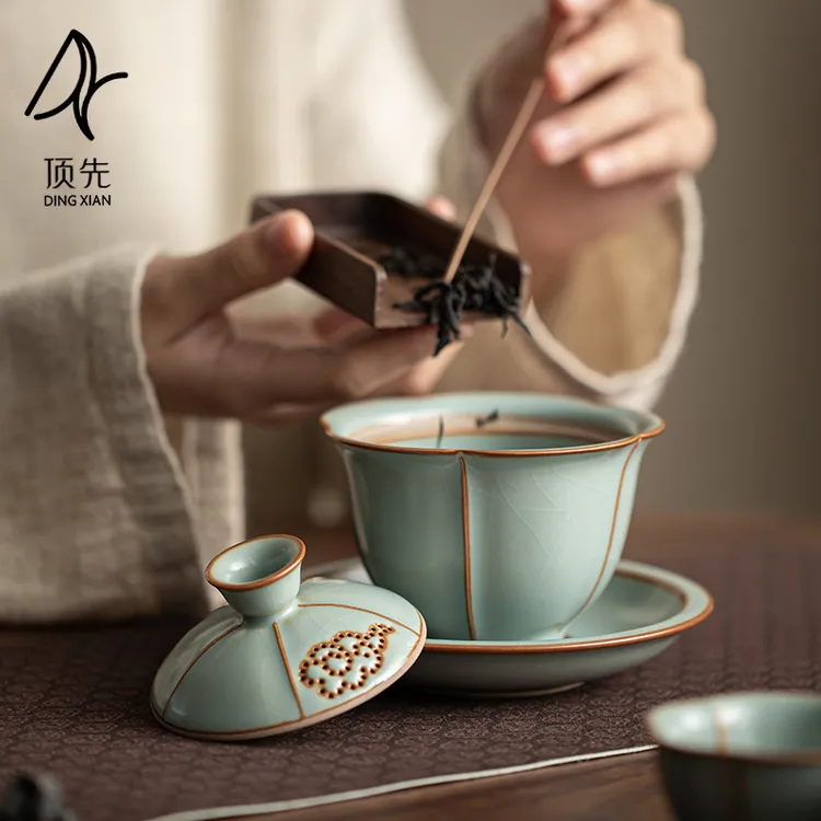 古道源汝窑祥云花边三才盖碗陶瓷功夫茶具泡茶杯开片可养A6593