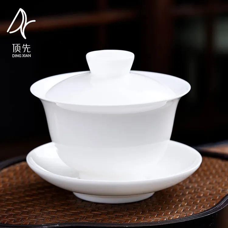顶先 德化纯白羊脂玉瓷龙吸水盖碗悬停泡茶碗陶瓷功夫茶具A8386