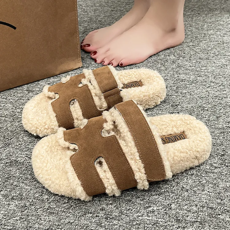 欧货秋冬毛毛鞋二舅拖鞋平底鞋魔术贴外穿凉鞋托懒人鞋女鞋毛拖