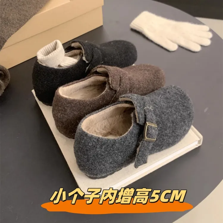 内增高勃肯鞋女厚底加绒保暖棉鞋子女冬新款毛毛鞋女外穿呢子单鞋