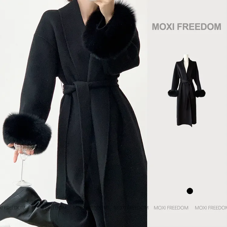 【女爵时代】100%羊毛高端黑色加长款狐狸毛双面羊毛呢子大衣外套