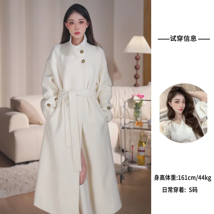 【奥林德】秋冬款宽松立领金扣长毛过膝款腰带双面羊毛呢外套大衣女