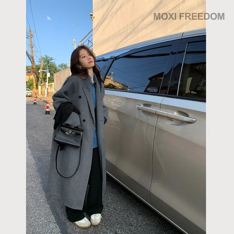 【亚瑟顿】秋冬款韩版西装款宽松中长款双面毛呢羊毛大衣女装外套