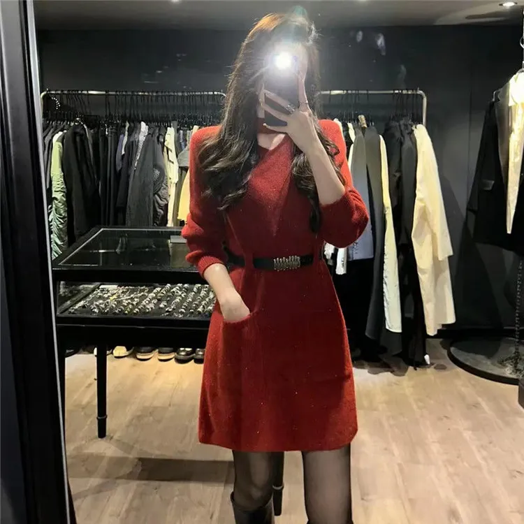 秋冬季新款内搭打底衫针织连衣裙收腰中长款包臀显瘦外穿毛衣裙女