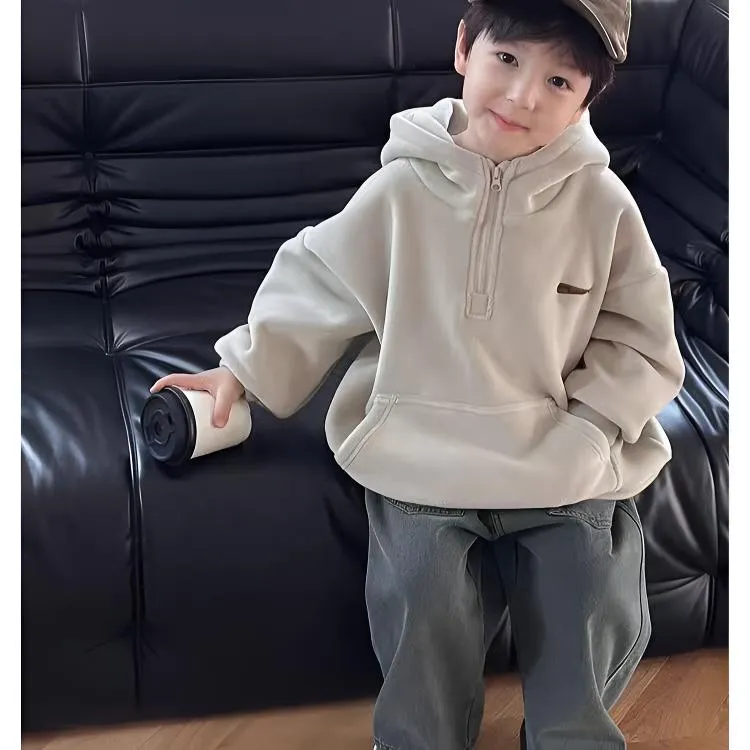 童装男童冬季奥粒绒卫衣2024新款中大童半拉链立领男童加绒卫衣