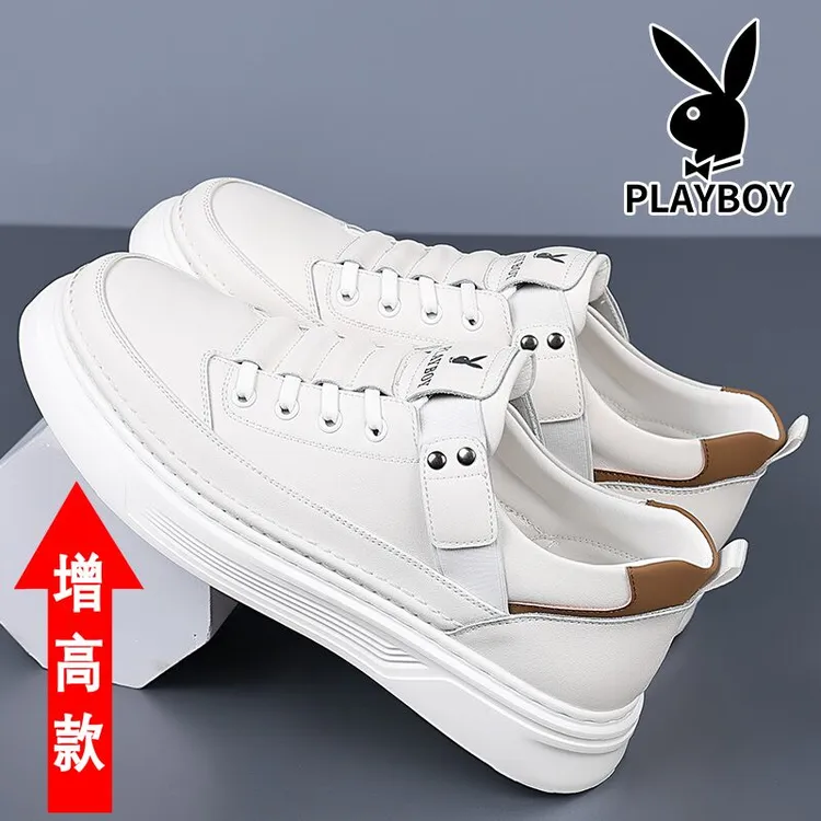 花花公子小白鞋2025秋季男士真皮透气增高休闲皮鞋新款懒人板鞋子