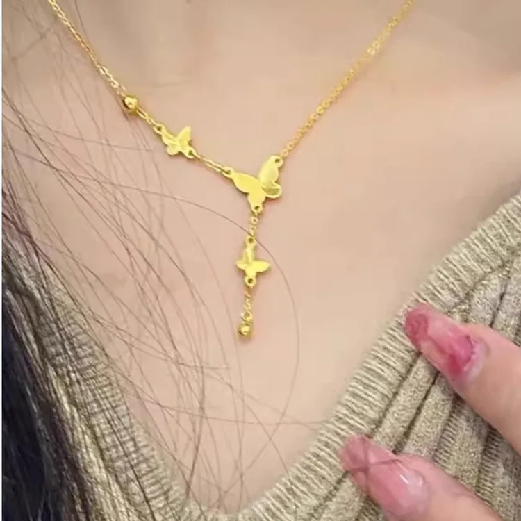 足金蝴蝶流苏项链黄金坠链新款百搭轻奢锁骨链套链七夕送女友礼物