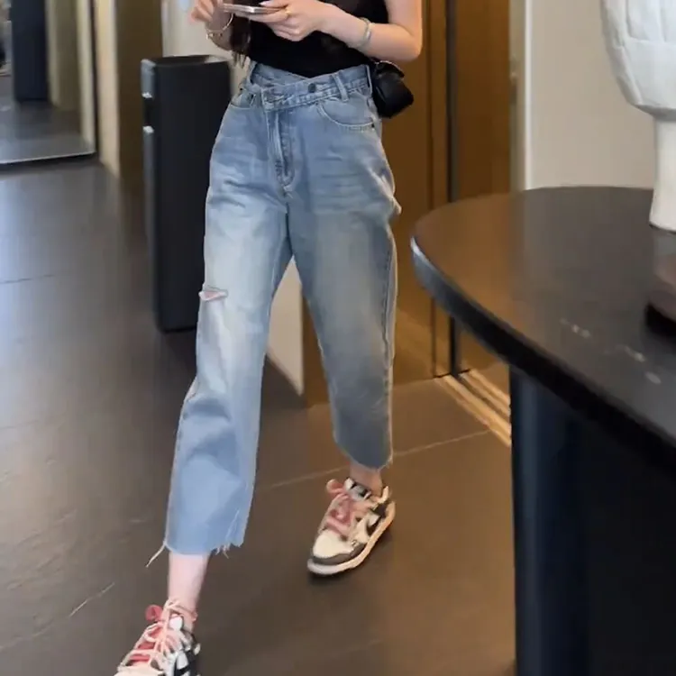 梨形显瘦大码女装破洞洋气哈伦老爹牛仔裤子女2024年夏季新款薄款