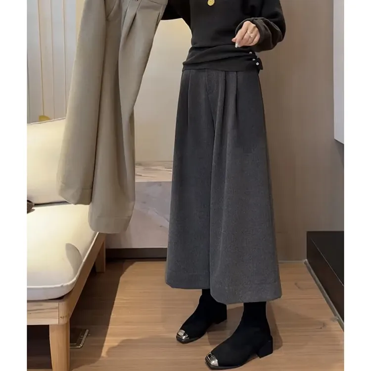 梨形显瘦大码九分阔腿裤休闲裤子女士2024年冬季新款毛呢宽松裤裙