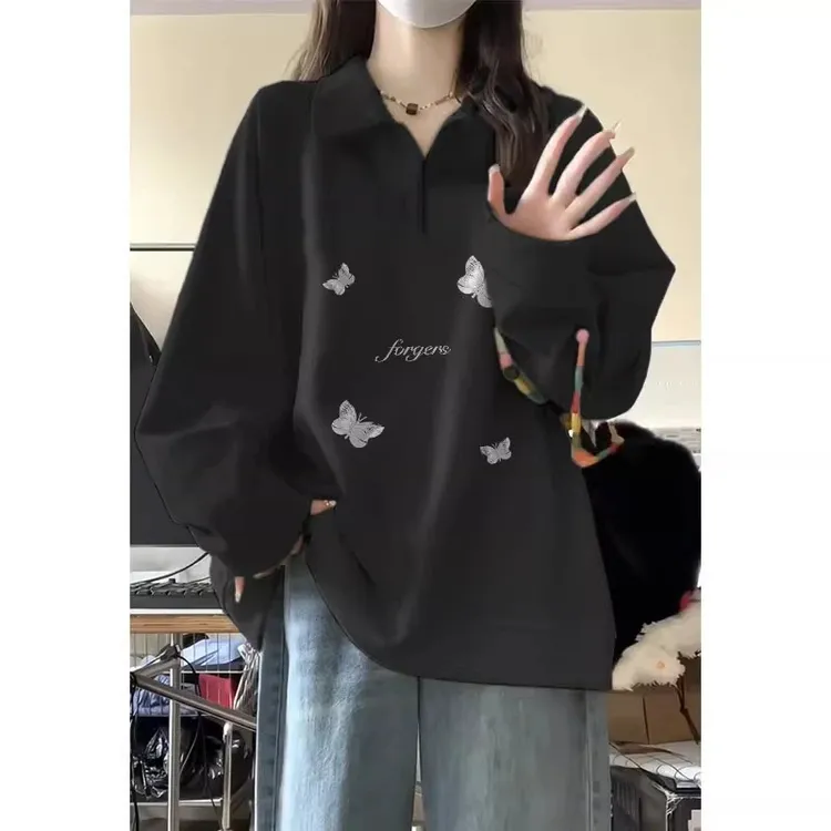 新款美式学院风蝴蝶印花翻领卫衣秋冬大码300斤宽松加绒内搭上衣