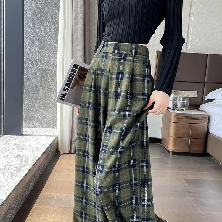 绿色高腰格子阔腿裤女秋冬季2025新款显瘦垂感窄版休闲直筒毛呢裤
