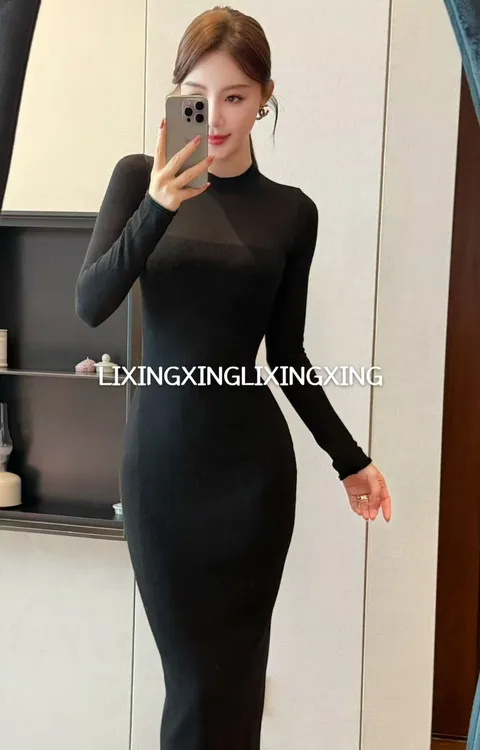 LXX【拼接羊毛圆领针织裙】波斯纶显瘦气质长袖时尚打底修身百搭美