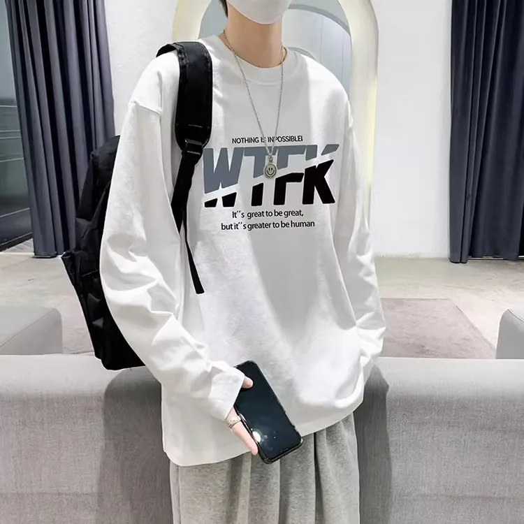 长袖t恤男秋装青少年纯棉白色体恤内搭打底衫港风春秋高中生秋衣