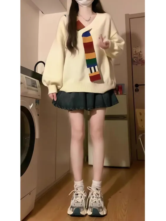 美达豆豆彩虹毛针织拼接V领毛衣女秋冬复古宽松慵懒风外套上衣