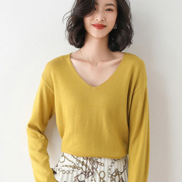软糯卷边V领2023春秋新款女套头毛衣宽松显瘦长袖针织衫时尚百搭