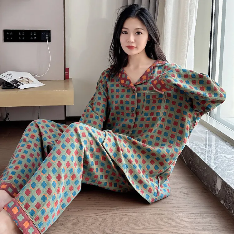 双层棉纱大码女睡衣加肥加大200斤胖mm纯棉长袖家居服套装春秋季