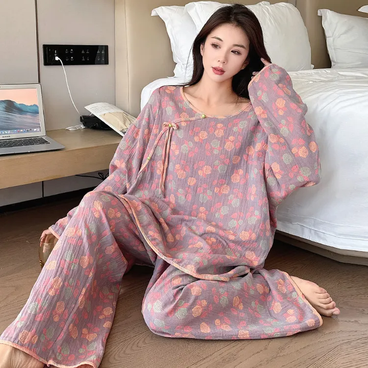 纯棉棉纱大码睡衣春秋女200斤胖mm新中式双层棉纱家居服套装秋季