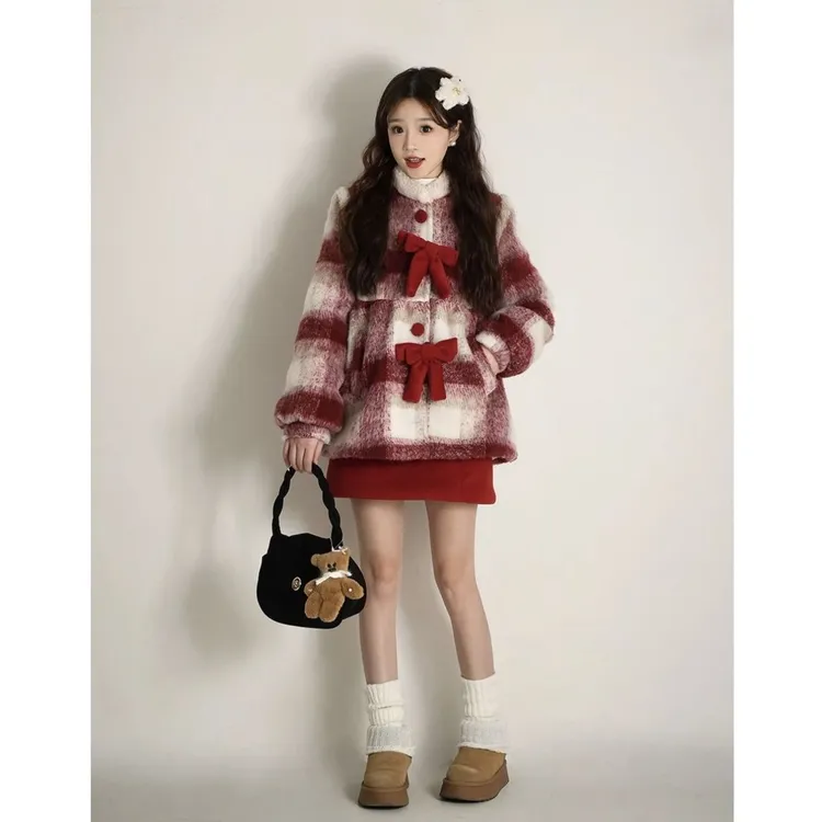 秘都少女新年战袍红色毛呢裙套装长袖加绒甜美清新可爱2025冬季新