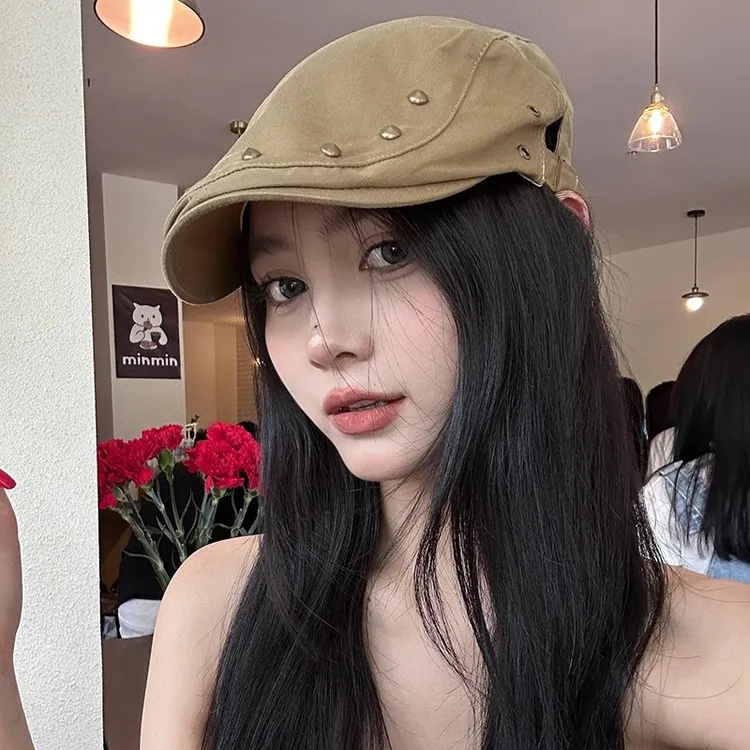 韩版复古铆钉前进帽女春夏季薄款遮阳报童帽子休闲小众鸭舌贝雷帽