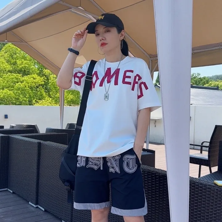 【200斤内可穿】2024夏季新款男士休闲短袖时尚宽松字母印花圆领T恤