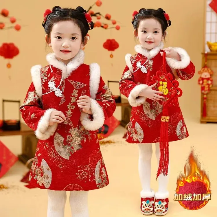 女童旗袍连衣裙冬季新款儿童公主裙拜年服加厚唐装汉服上衣花棉袄