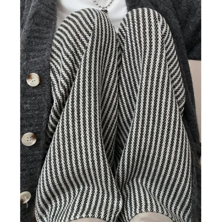 黑白条纹裤女秋冬2025新款高腰慵懒宽松窄版慵懒毛呢加绒阔腿长裤